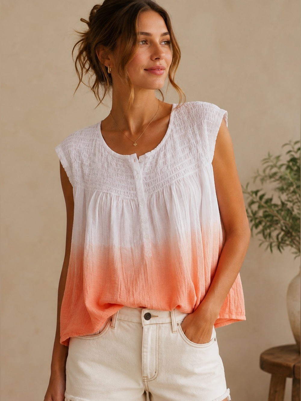 We The Free White to Peach Ombre Sleeveless Button-Front Camisole